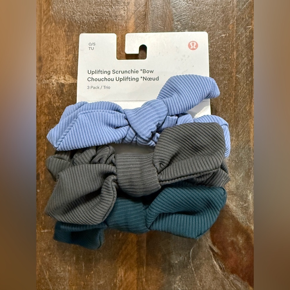 lululemon athletica Uplifting Bow Scrunchie 3 Pack O/S Blue Gray Teal Ribbed NWT